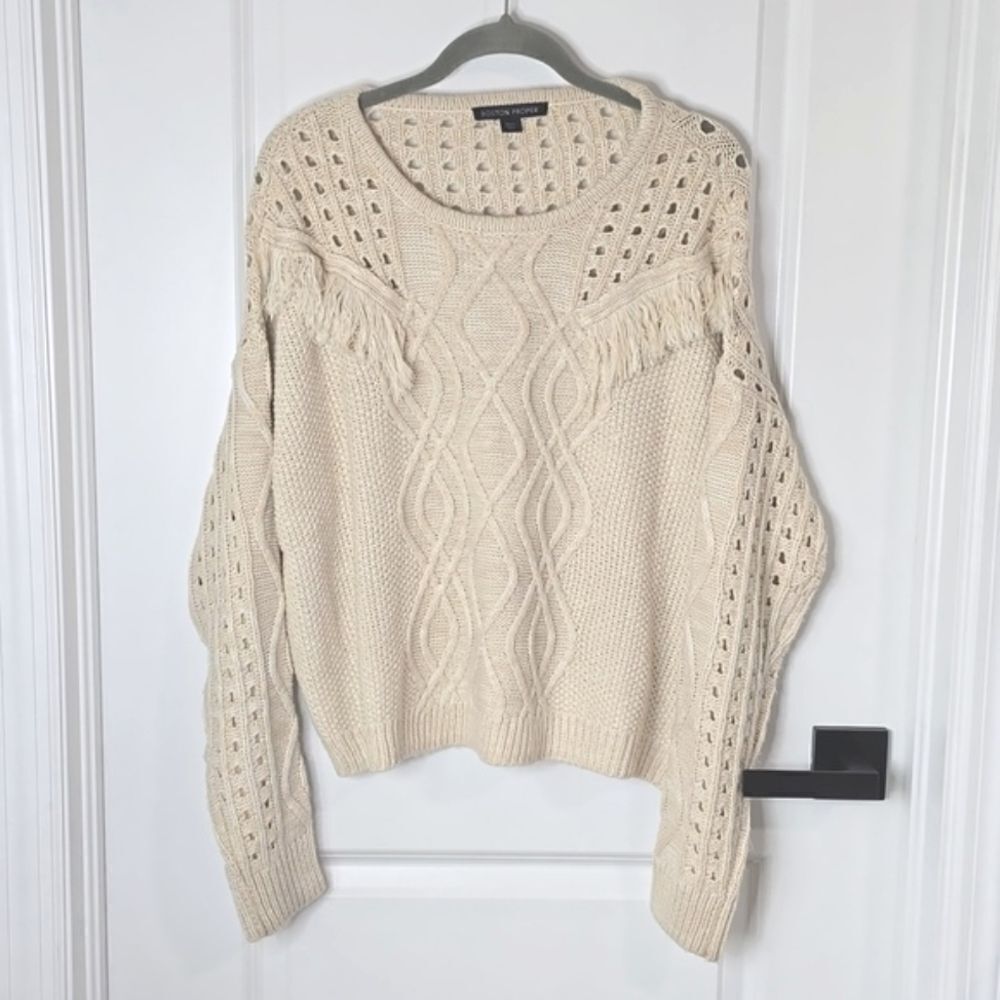 Boston Proper Oatmeal Cream Cable Knit Fringe Sweater - Size Large - Picture 2 of 14